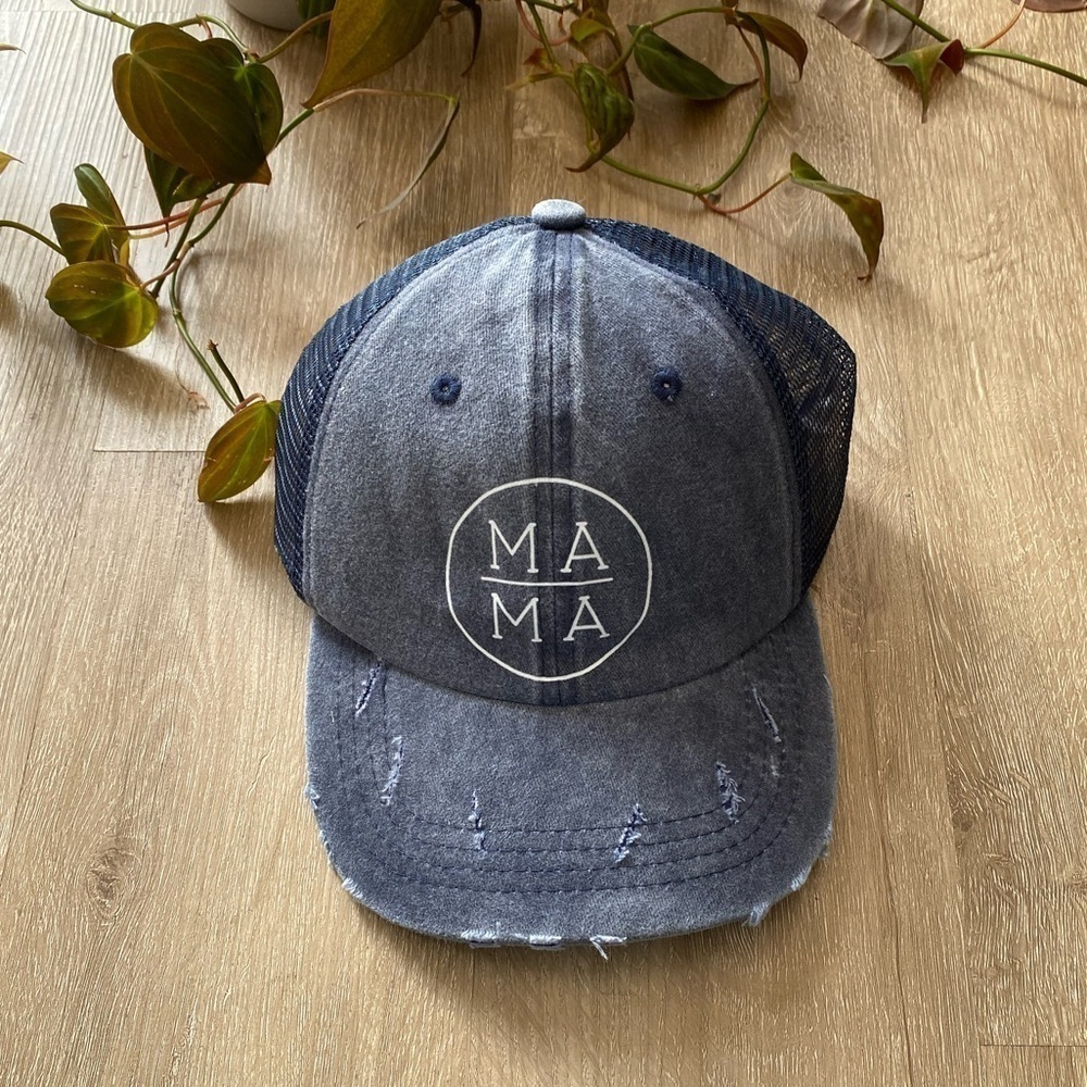 Women’s MAMA Mom Ponytail Trucker Hat Baseball Hat Blue Distressed Vintage Wash